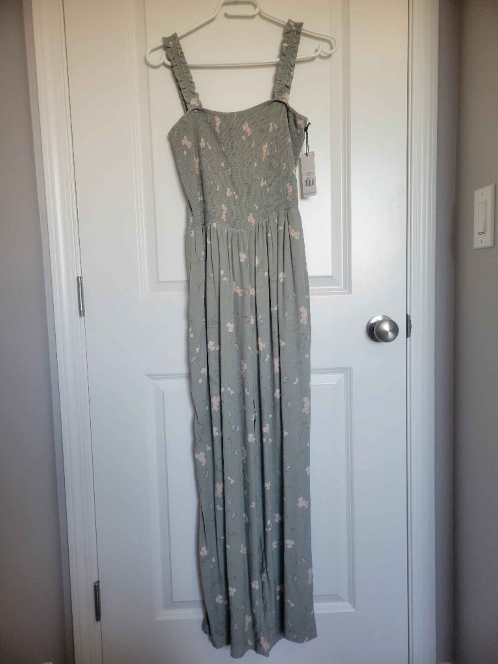 DEX light green ROMPER JUMPSUIT long length ruffle straps, womens